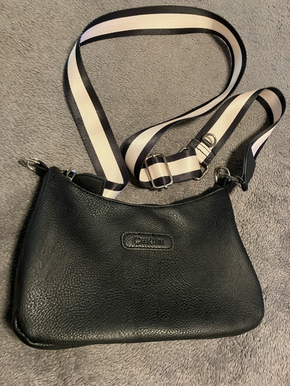CeeKlein Black Leather Crossbody Bag with Striped Strap
